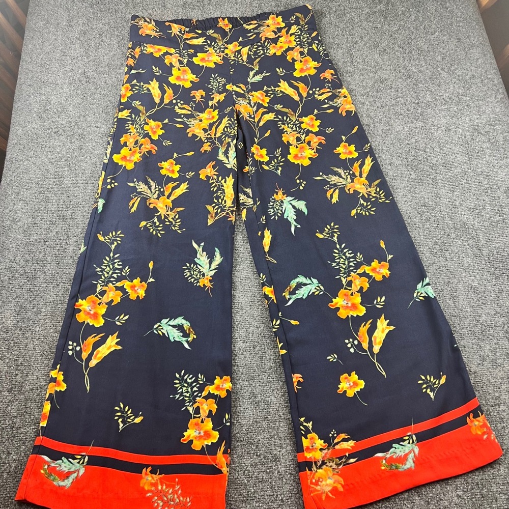 Adrienne Vittadini Womens Floral Wide Leg Pants Navy Orange Size 10 Pull On